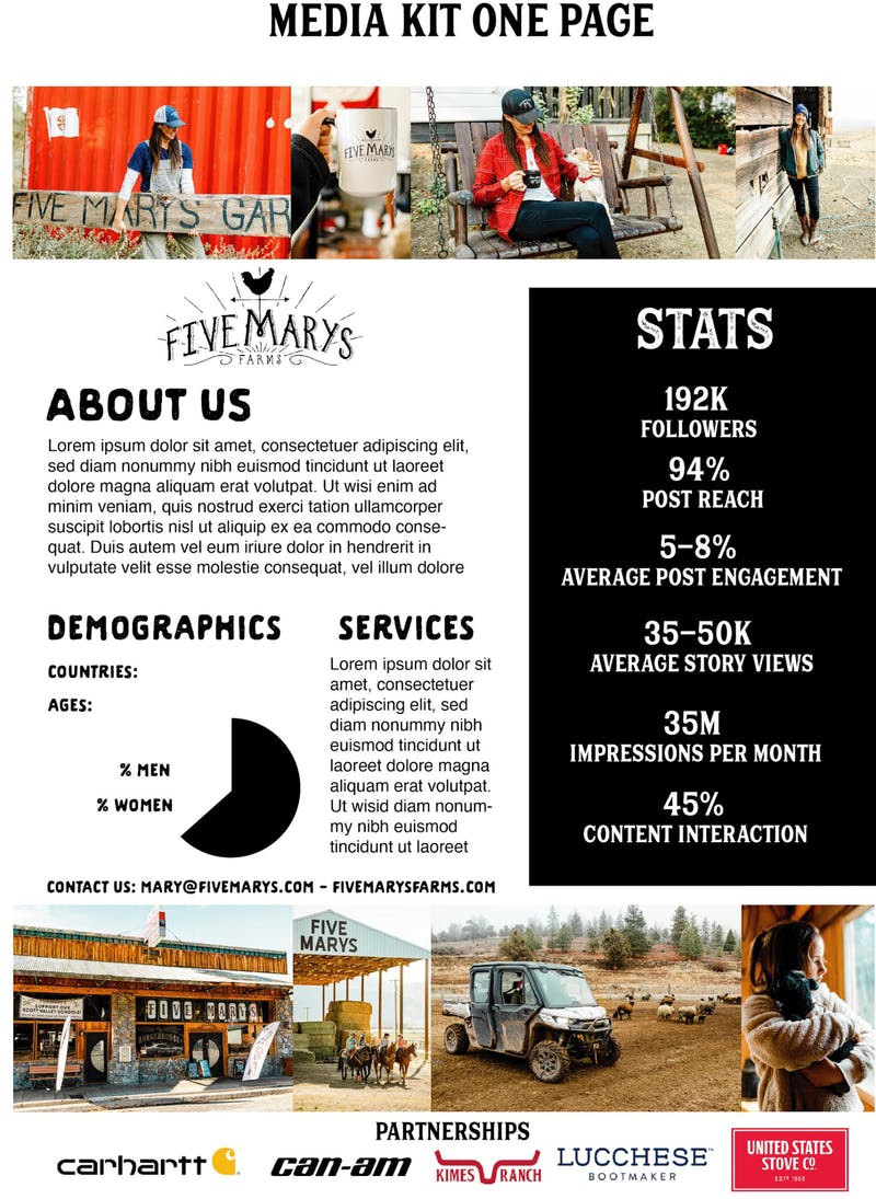 Sample page from the Five Marys Farms media kit